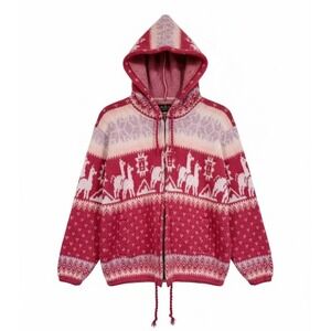 Tejidos Ruminahui Alpaca Wool Zip Up Hoodie Sweater S Red Llama Print